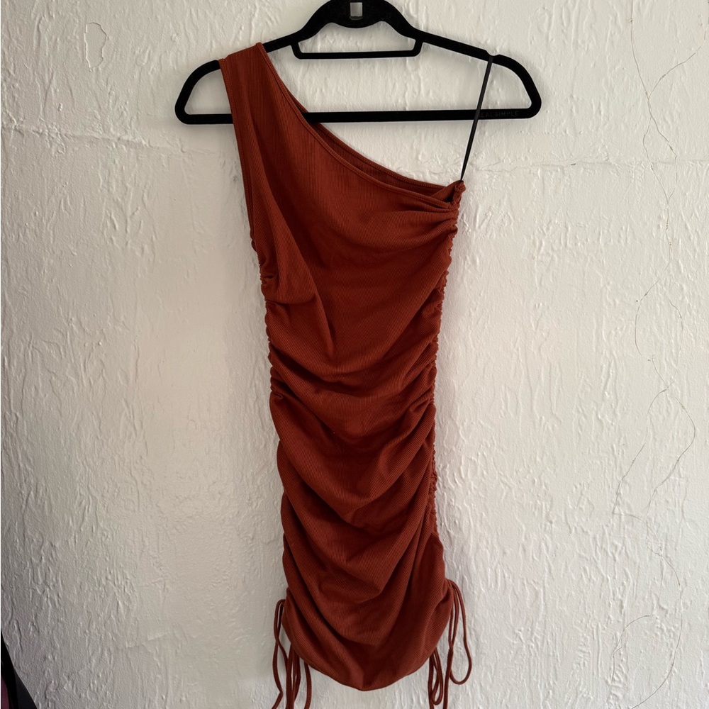 SHEIN One-Shoulder Ruched Reddish Brown Dress